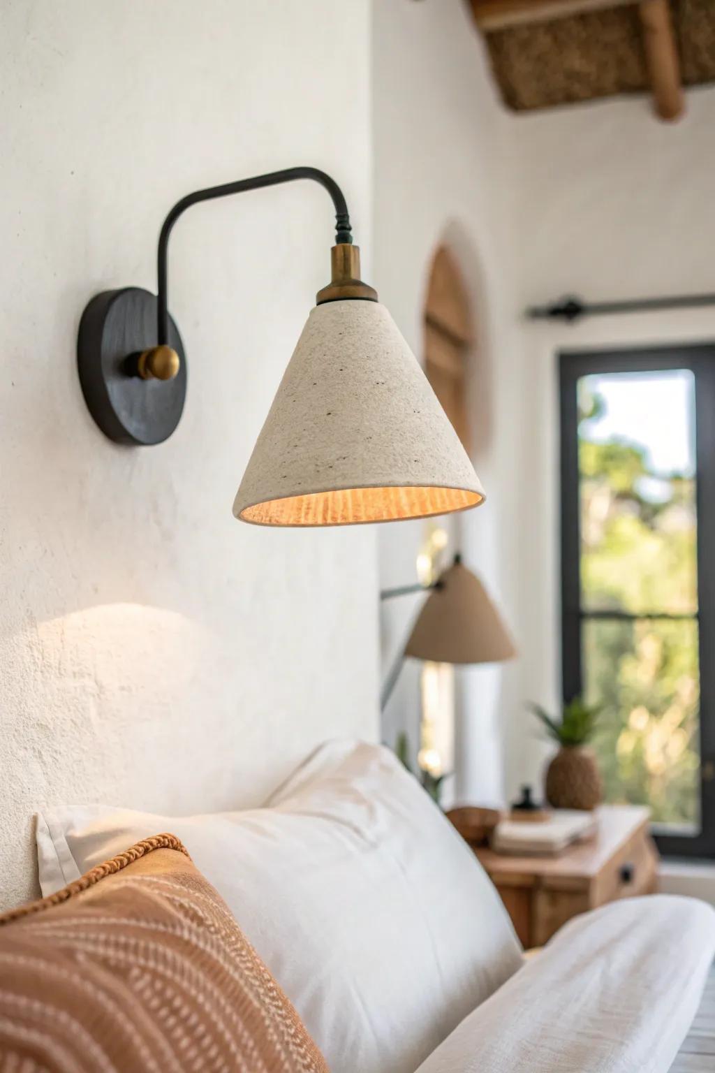 Swap table lamps for chic wall sconces—free up nightstand space and add cozy light.