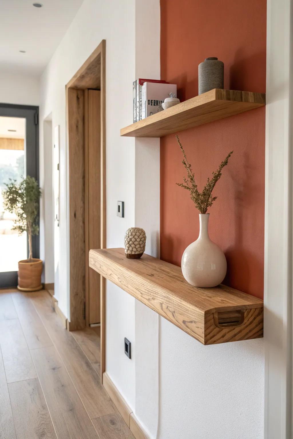 A floating shelf creates a sleek key-drop spot—style it with one vase to keep the hallway airy.