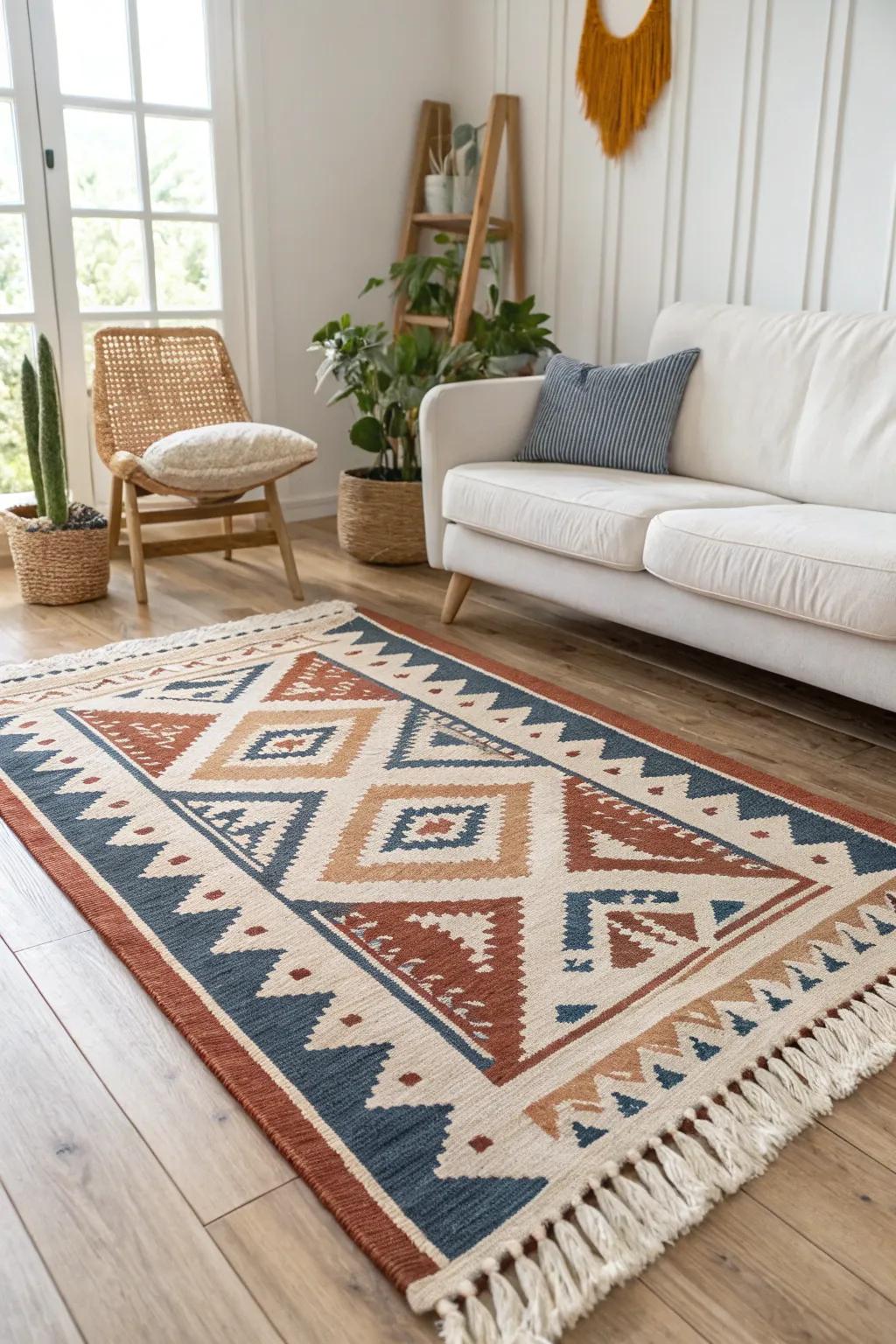 One perfectly sized rug anchors a small living room—front legs on, space feels cohesive.
