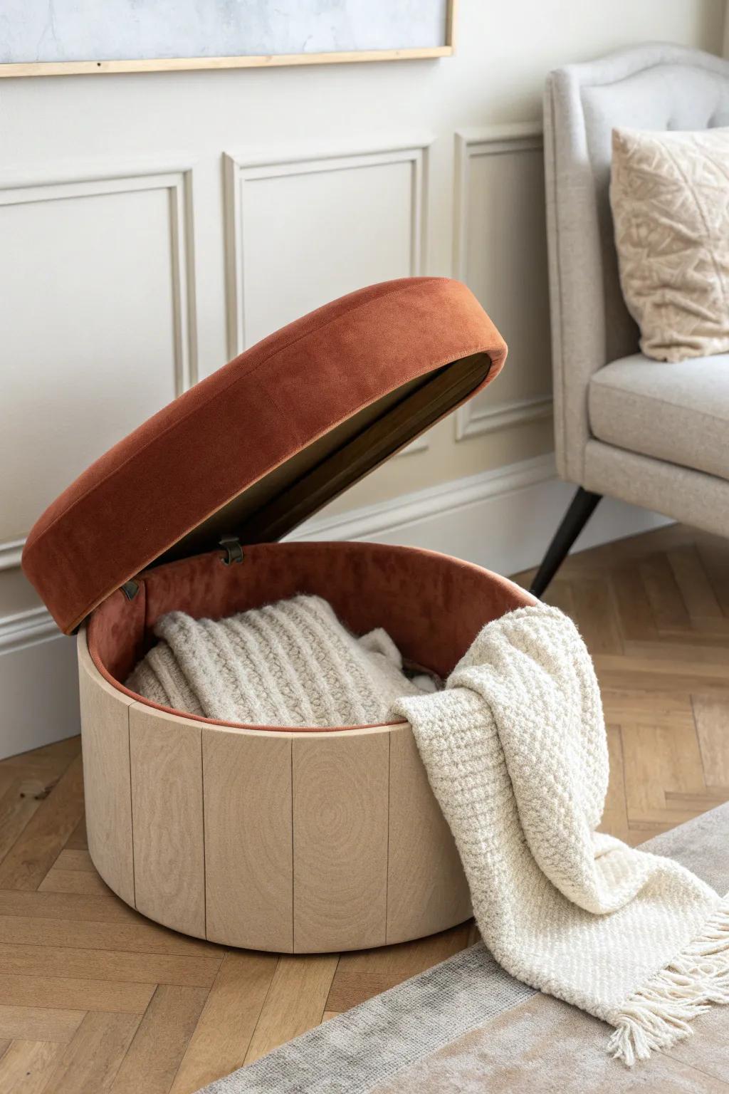 A chic lidded ottoman stores blankets out of sight—perfect for calm, clutter-free small spaces.