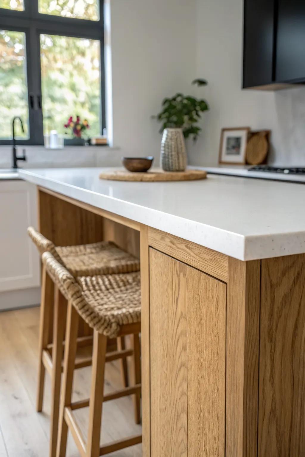 A counter-height eating bar turns prep space into a cozy eat-in kitchen in seconds.