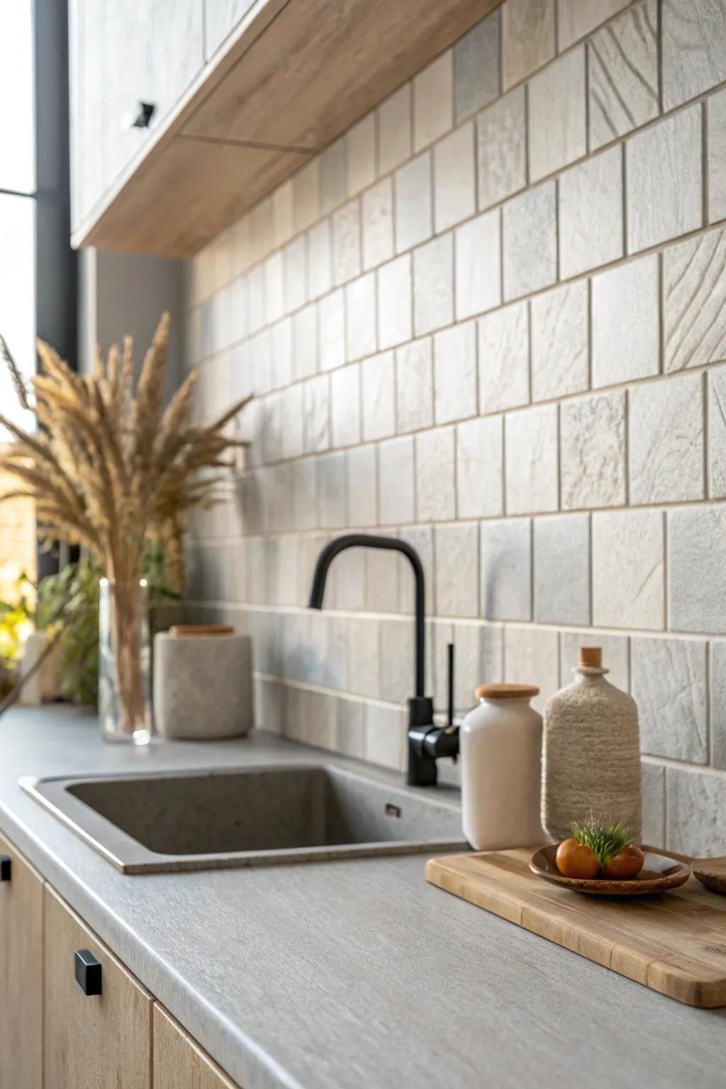 Warm light‑gray backsplash tile: a soft neutral that brightens small kitchens and hides splatters.