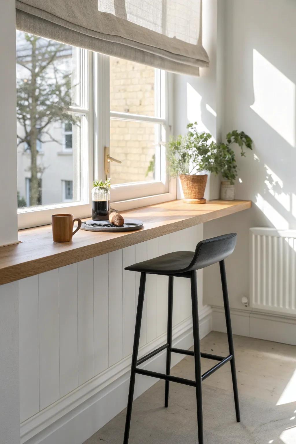 A slim window ledge bar that keeps tiny kitchens airy—perfect for sunny quick lunches.
