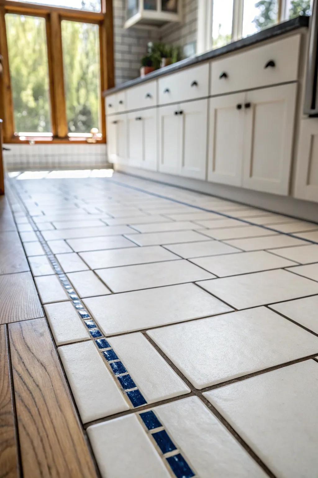 Straight-stacked subway tile underfoot gives a tiny kitchen a crisp, tailored, cohesive look.