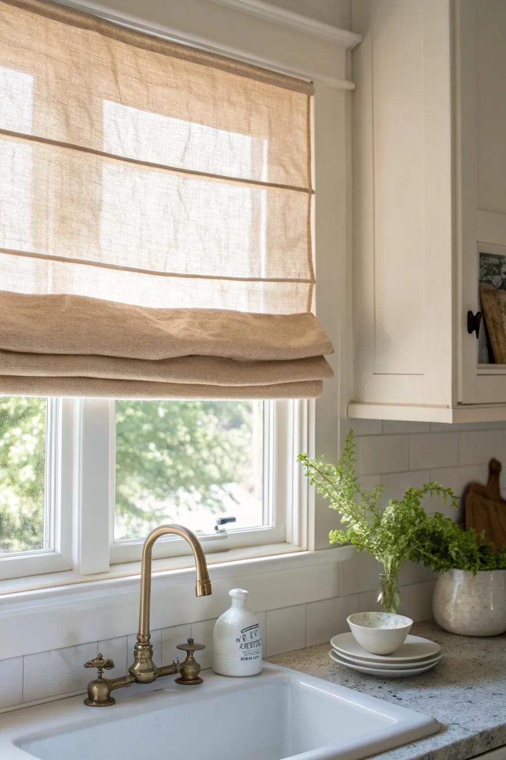 A light linen roman shade adds softness and polish to a small sink window—without blocking glow.