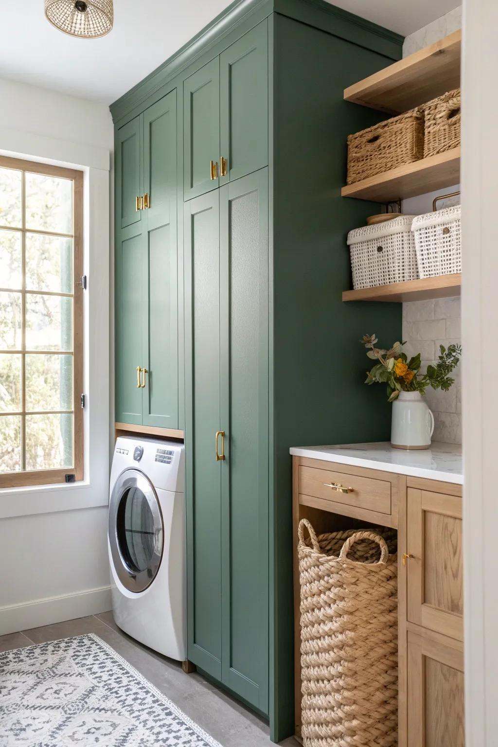 Closed cabinets keep pantry items safe from lint and humidity—clean, kitchen-like storage.
