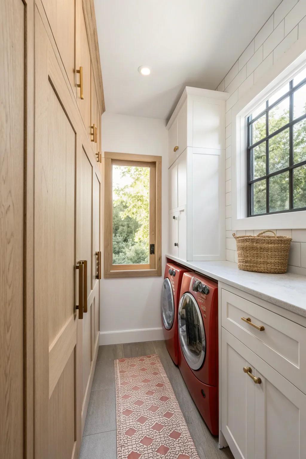 Tall built-ins frame the window—max storage, keep every inch of natural light in your laundry nook.