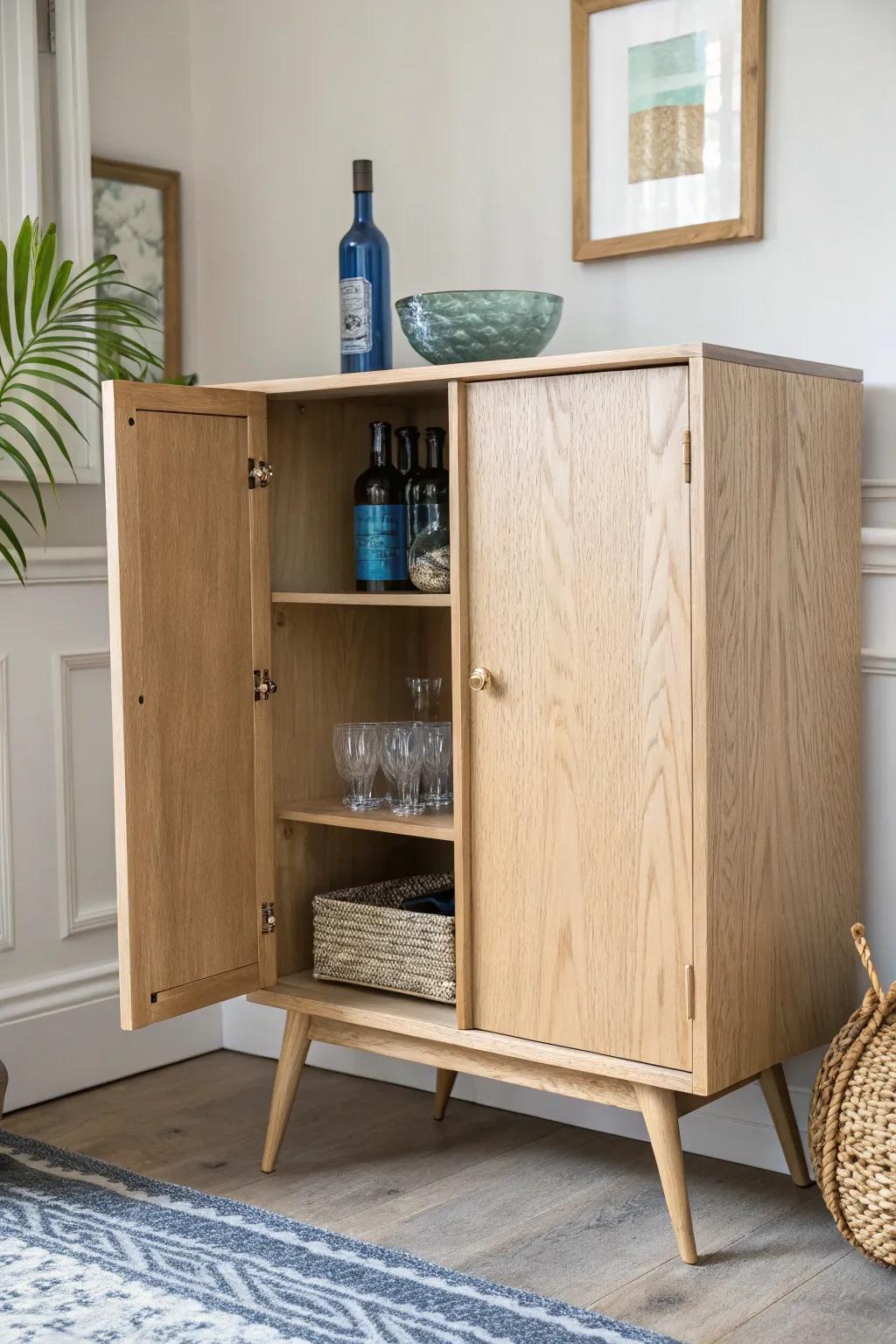 A tiny bar cabinet turns an unused corner into a calm, clutter-free cocktail station.