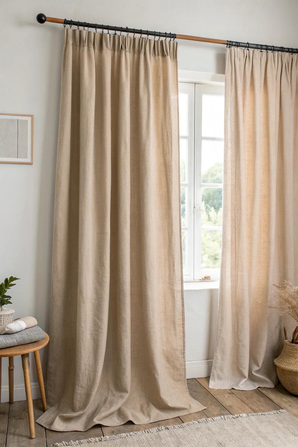 Tone-on-tone curtains matched to wall color soften the window and make small rooms feel larger.