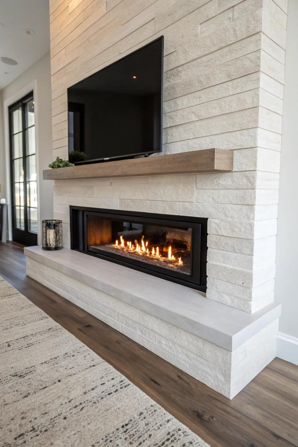 A slim, floating hearth keeps walkways open—minimal Scandinavian style with a cozy glow.