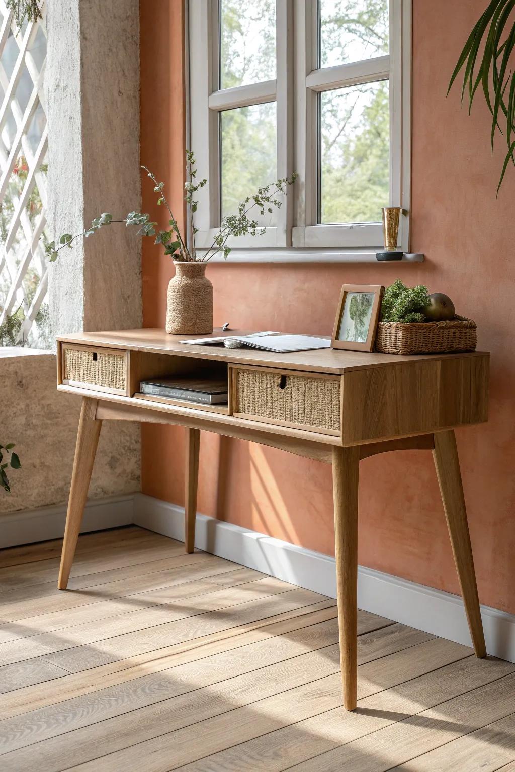 Low-profile writing desk = an airy living room office combo that still feels like “living room.”