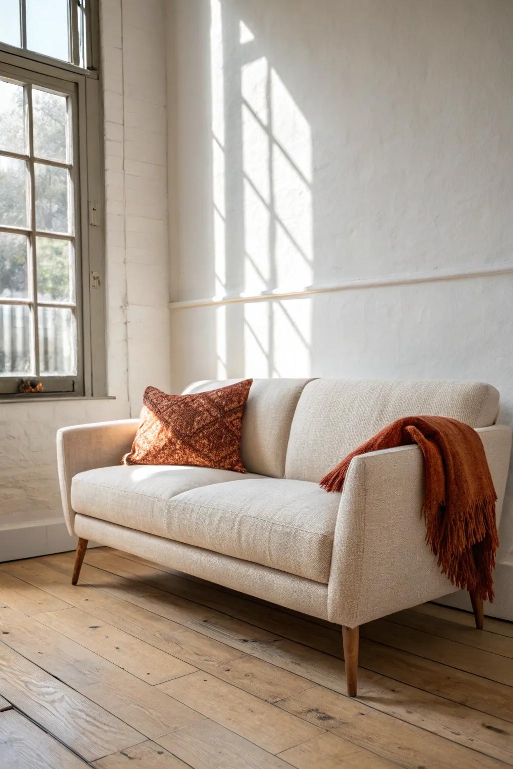 Pull the sofa a few inches off the wall for an airy, intentional small living room layout.