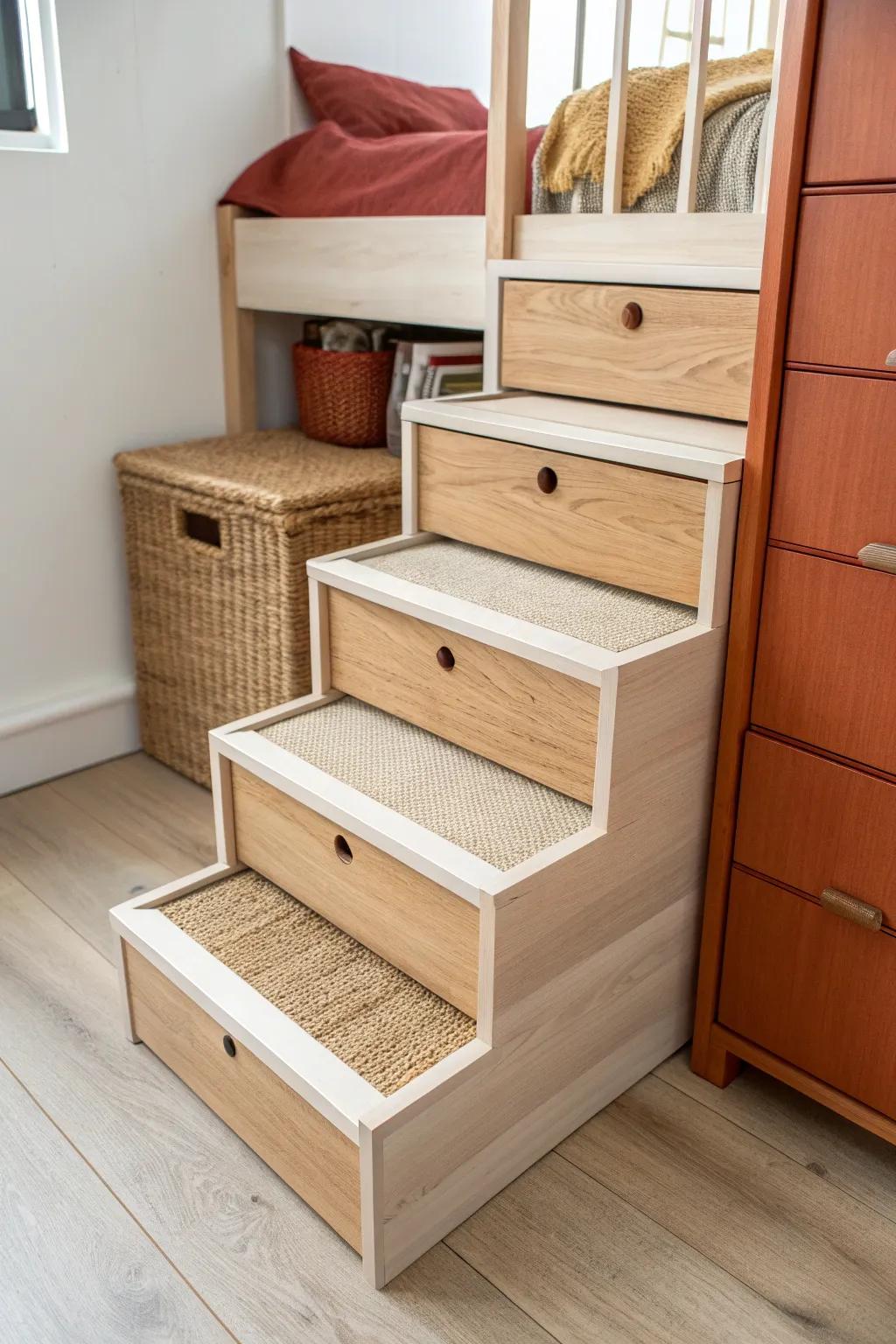 Storage stairs turn every step into a drawer—extra closet space for your loft in one move.