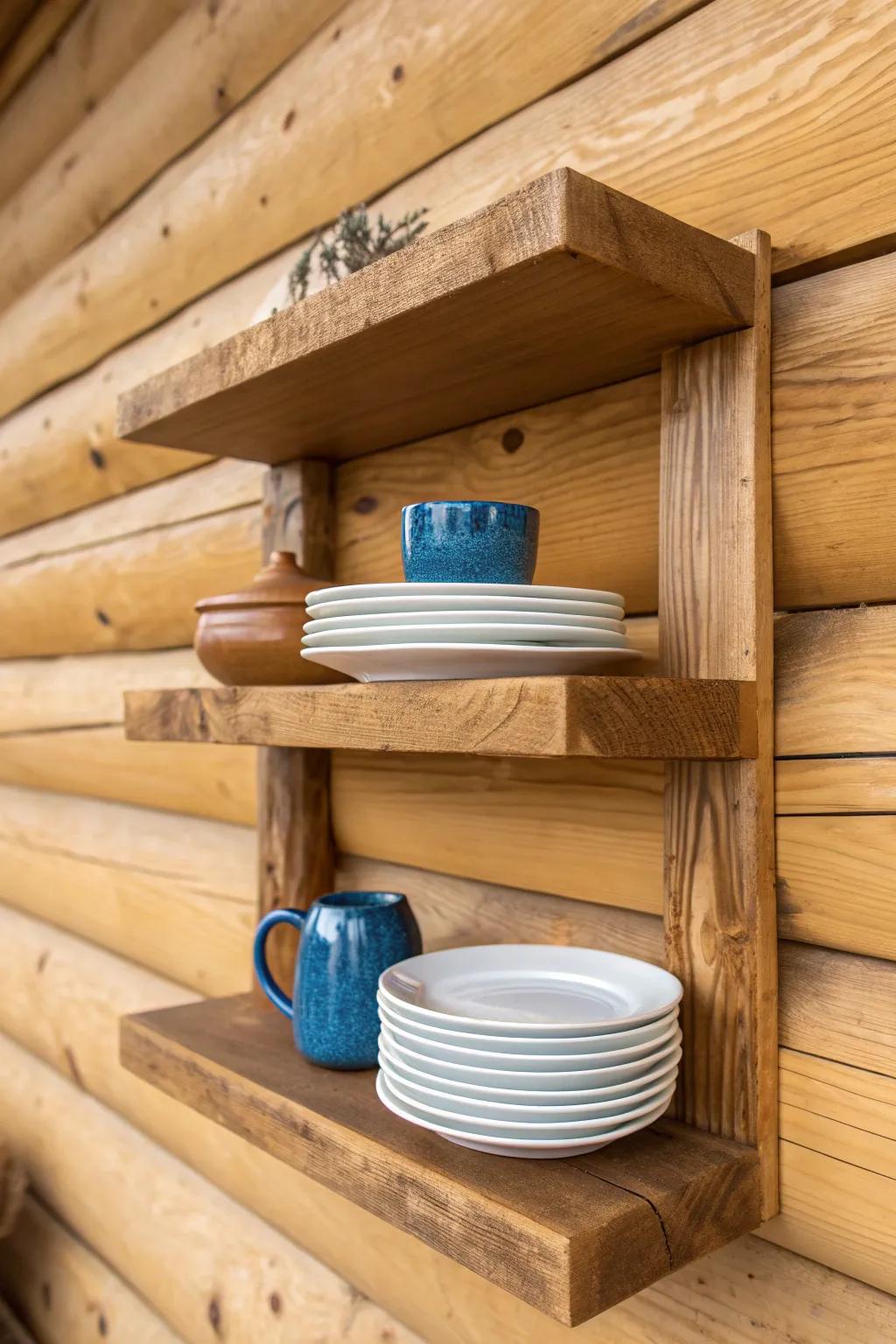 One floating shelf keeps a tiny log cabin kitchen light—style it with just a few favorites.