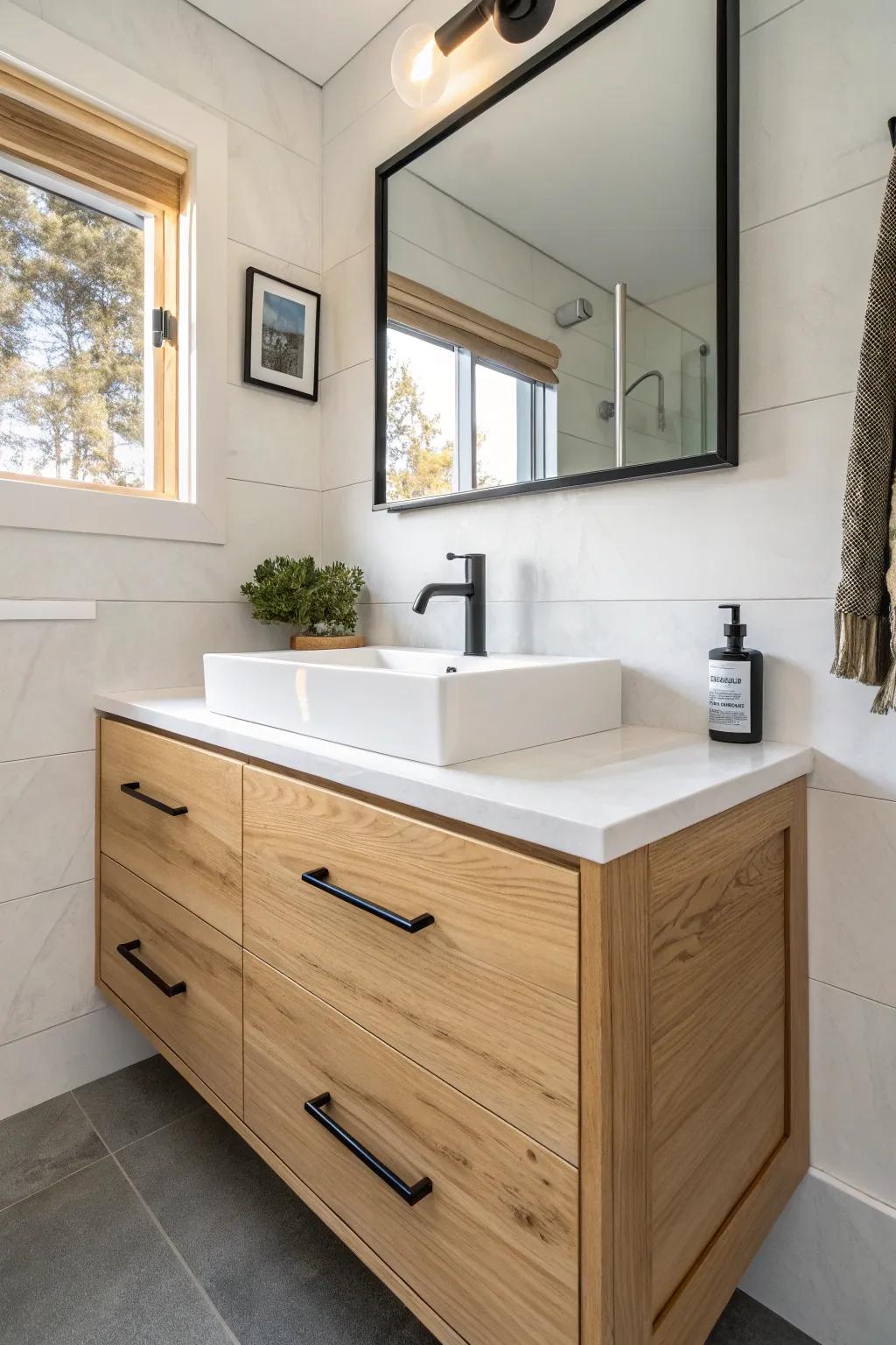 A floating vanity opens up floor space—and makes a small master bath feel instantly lighter.