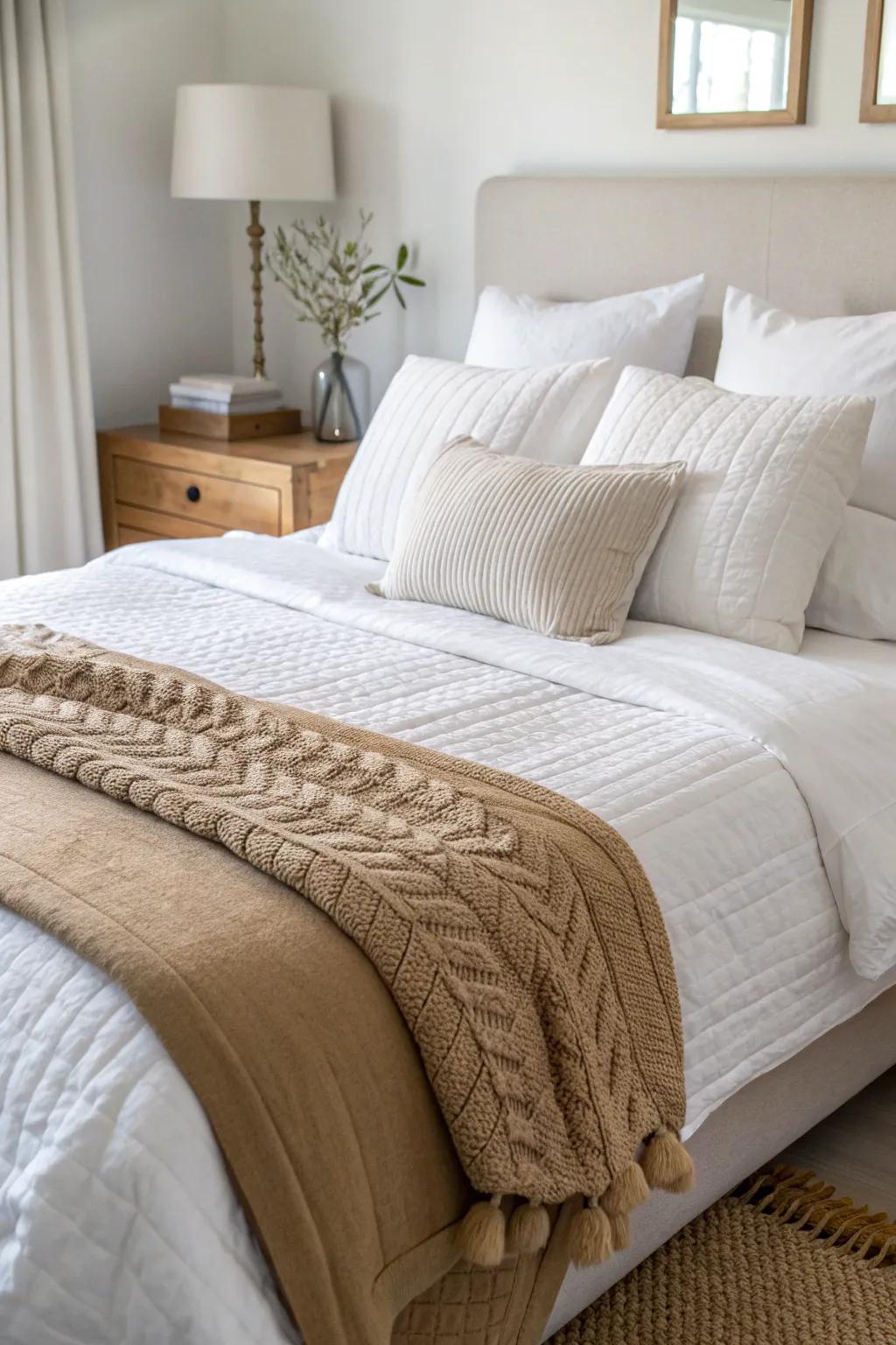 Hotel-worthy layering: quilt, knit throw, and textured pillows for luxe small-bedroom style.