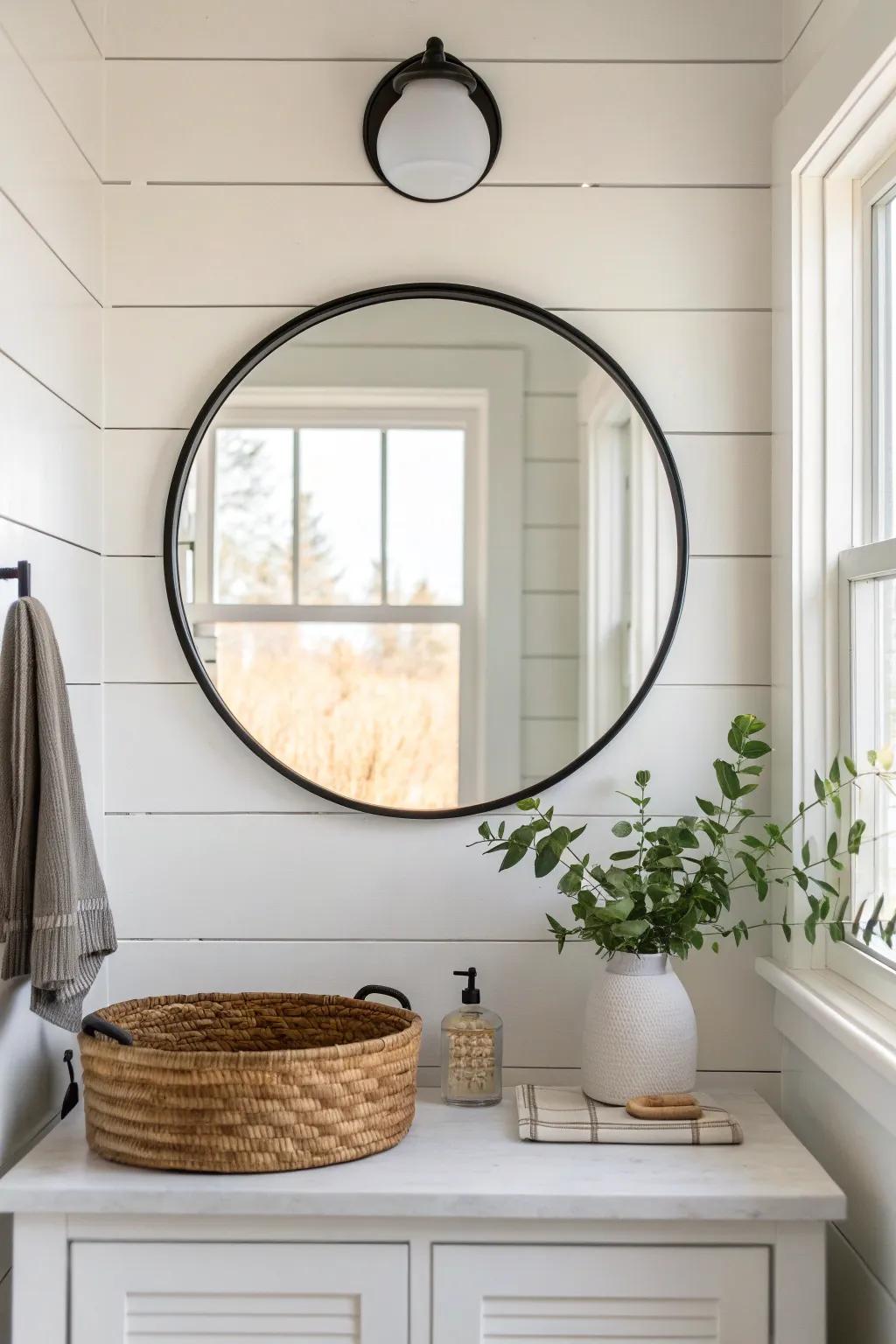 A thin-framed round mirror softens straight lines and brightens a small farmhouse bathroom.