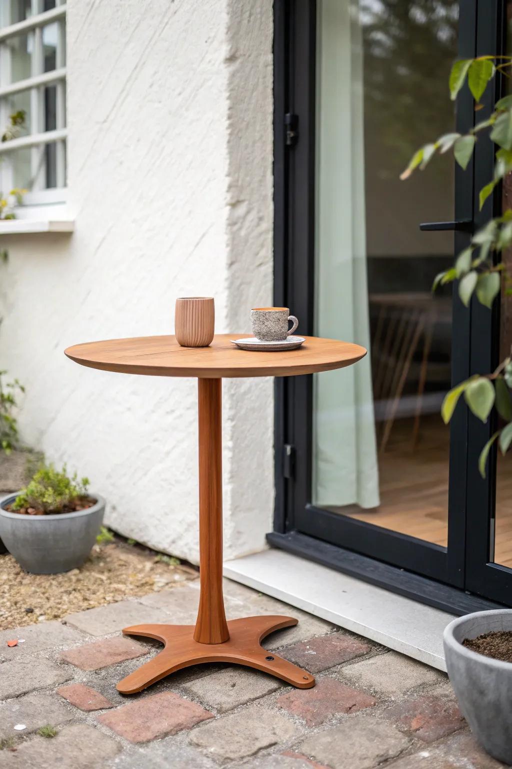 A compact bistro table by the back door turns a tiny garden into an easy weeknight dining spot.