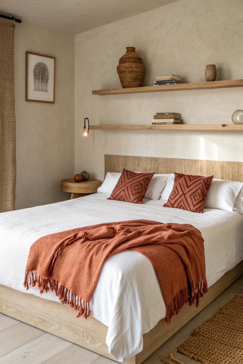 A true bed nook with a defined headboard wall makes even a tiny suite feel like a retreat.