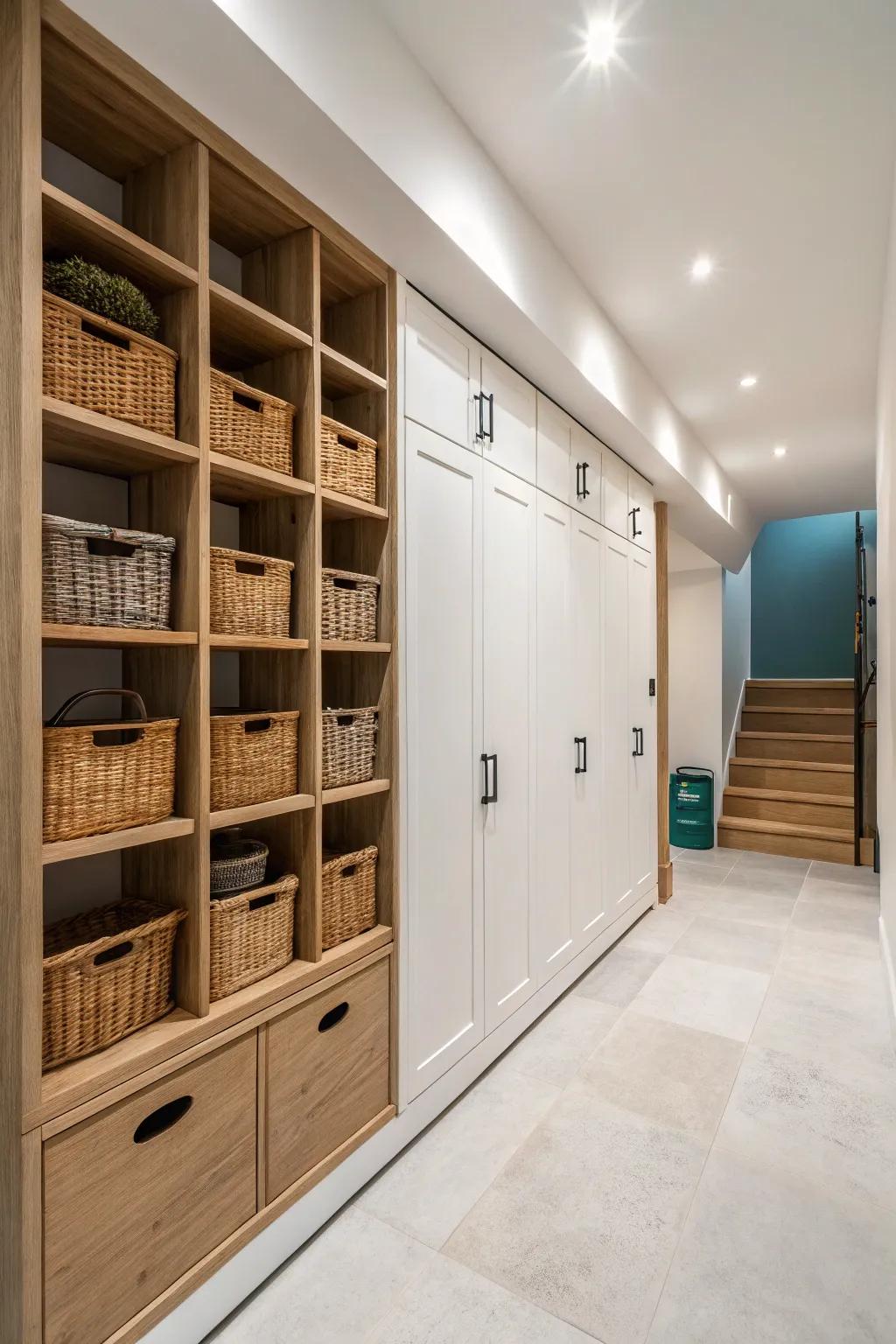One-side storage spine: built-in cabinets and labeled bins that keep a narrow basement serene.