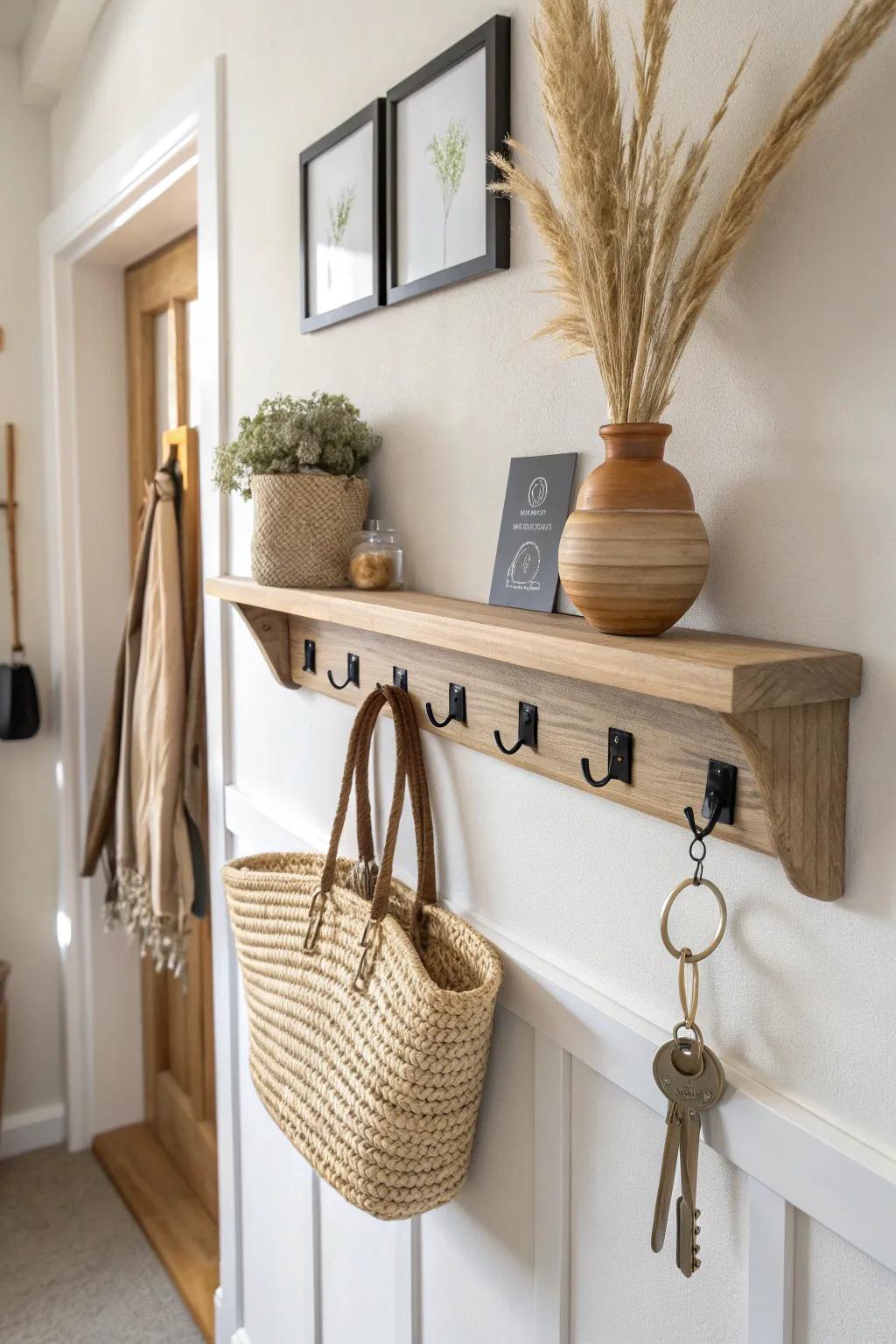 A slim shelf + hooks creates a chic hallway drop zone without stealing precious space.