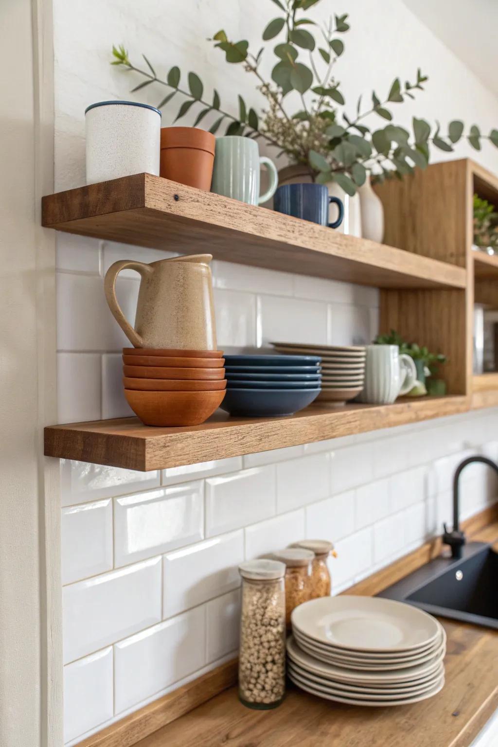 Open wood shelf swaps bulky uppers—styled with everyday ceramics in a calm, colorful repeat.