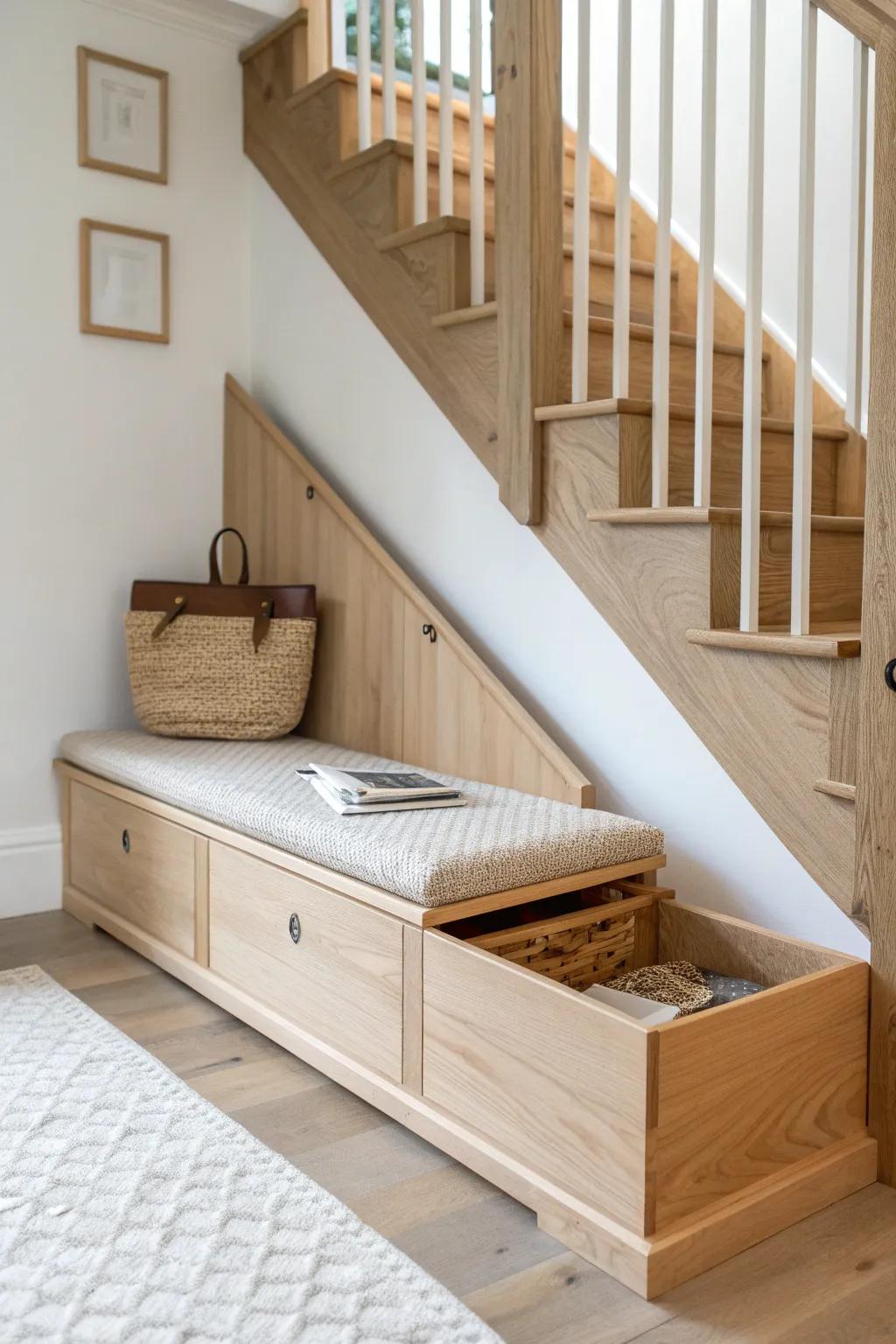 Under-stairs bench nook with lift-top storage—minimal, warm oak, and a bold terracotta pop.