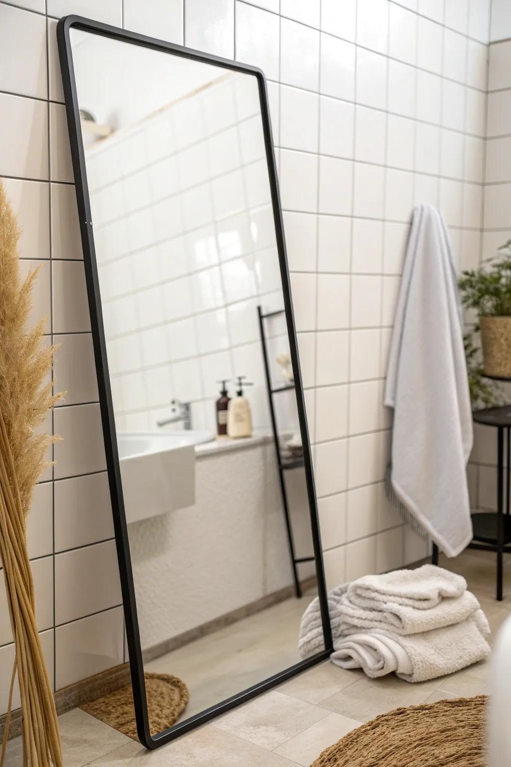 A big, simple mirror turns a tiny NYC bathroom into a brighter, airier “second window.”