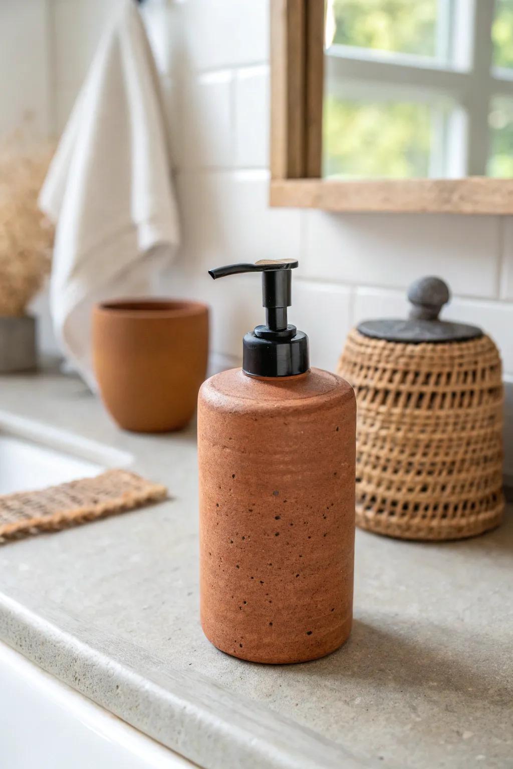 Soft white walls + one bold handmade accent keep a tiny office bathroom calm and spacious.