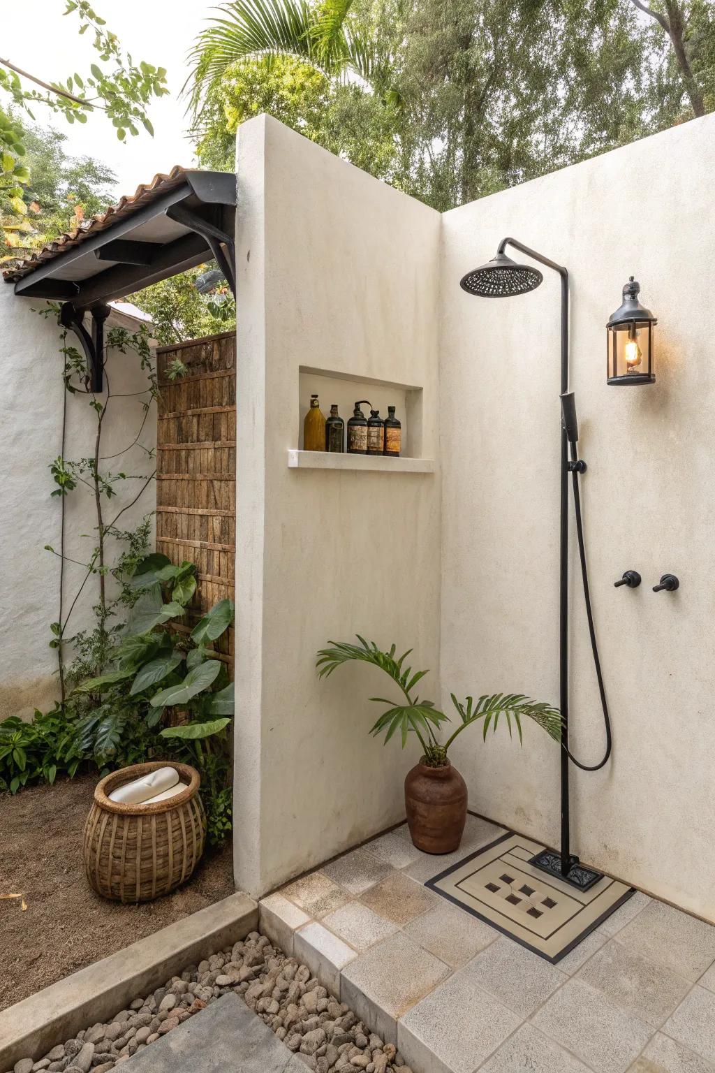 Turn a tight corner into a chic outdoor shower nook—tiny shelf, big impact.