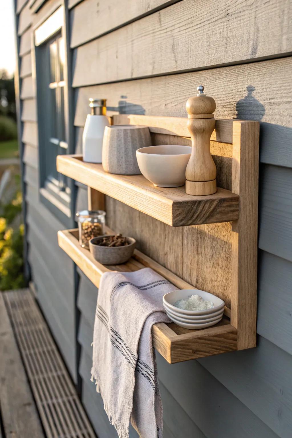 A skinny prep shelf keeps spices and trays within reach—perfect for tiny outdoor BBQ zones.