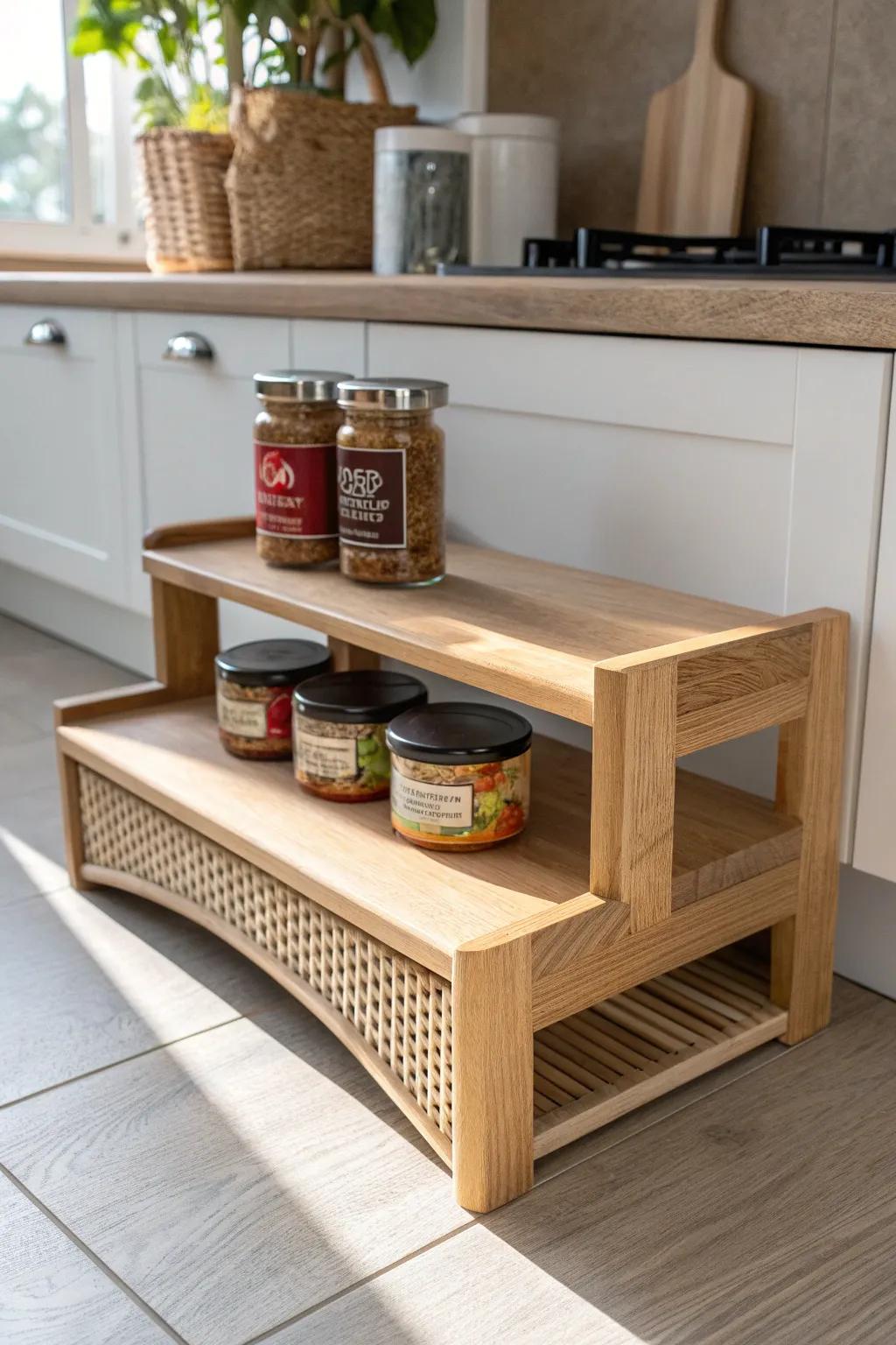 Tiered shelf risers create “stadium seating” so every can and spice is visible at a glance.