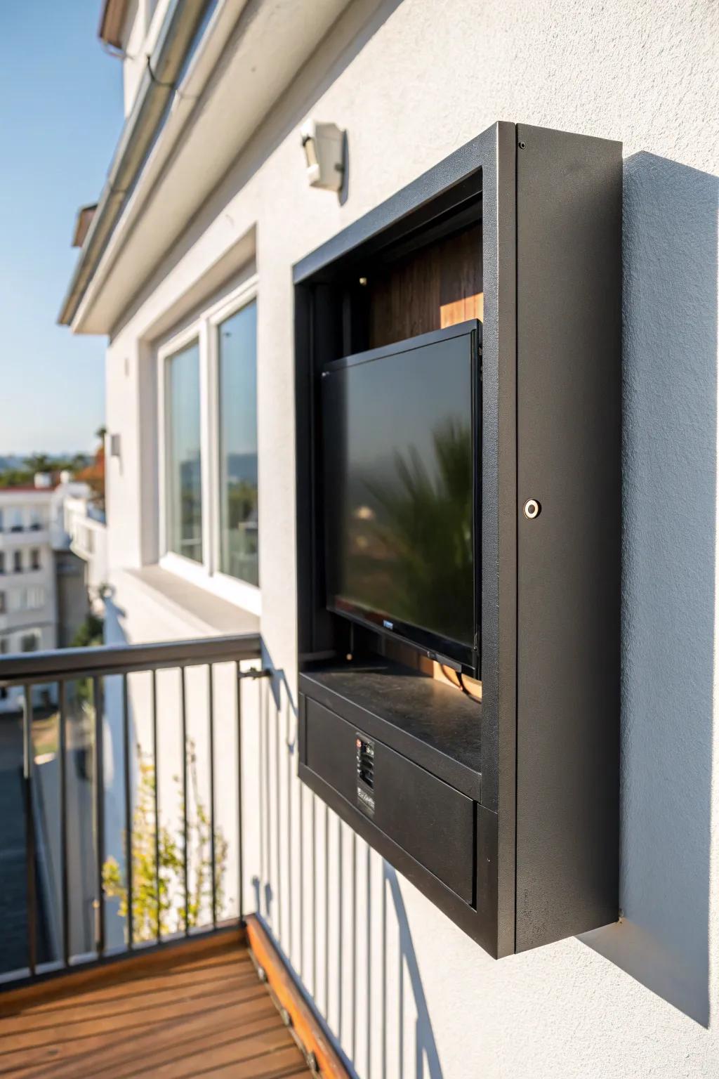 Sleek weatherproof TV box = built‑in balcony style and peace of mind through wind and rain.