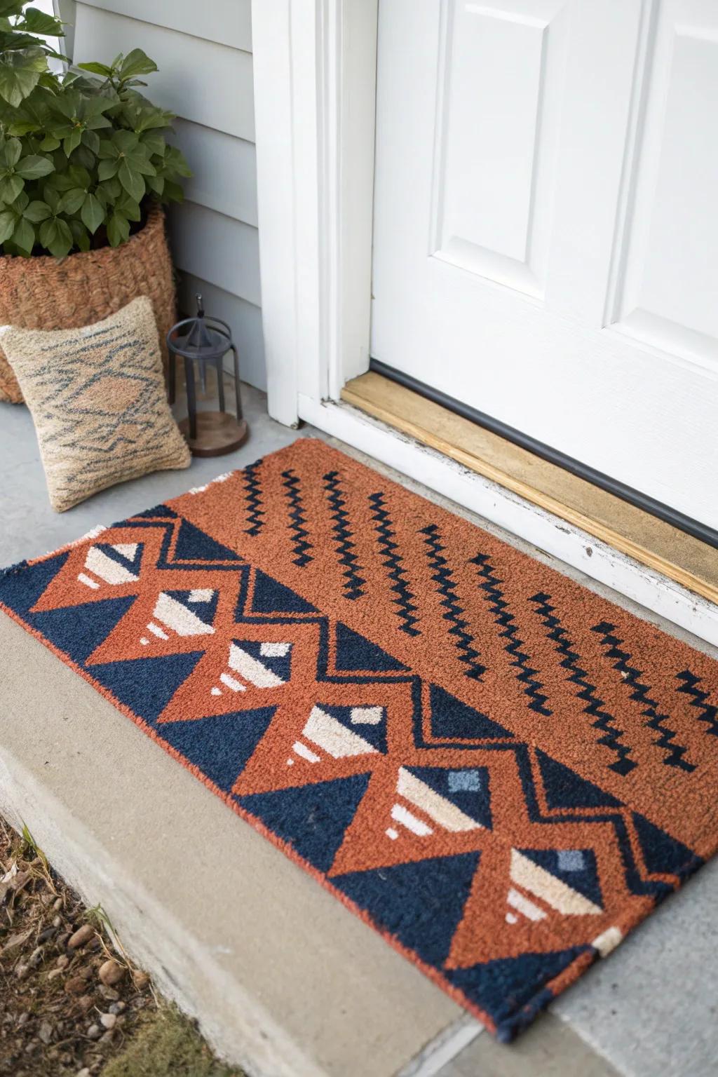 Layer a bold flatweave rug under your doormat to add depth and style to a small porch.