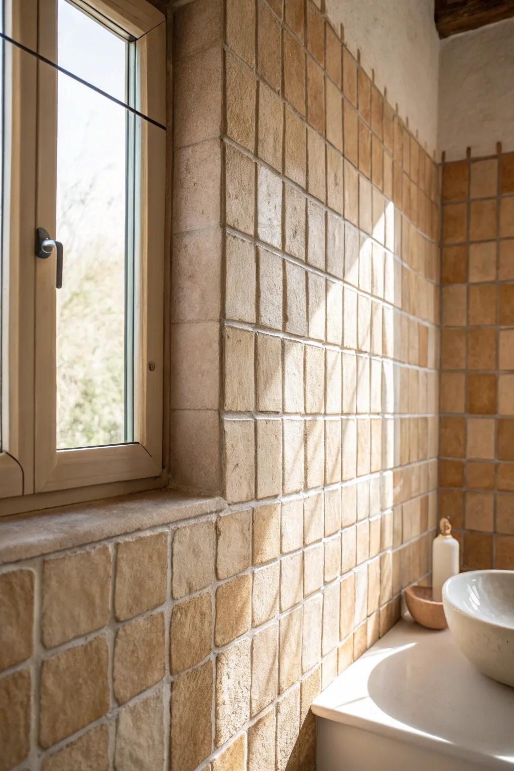 Warm beige tile + matching grout = seamless, serene walls that visually expand a tiny powder room.