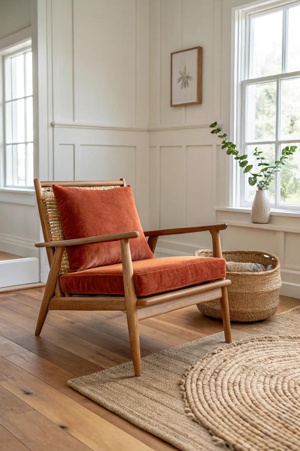 One bold accent chair keeps a small ranch living room open—better flow with fewer pieces.