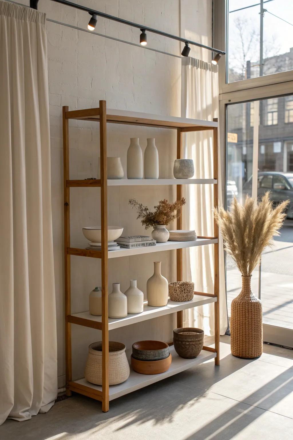 A sleek endcap feature shelf that spotlights seasonal bestsellers in a small retail space.