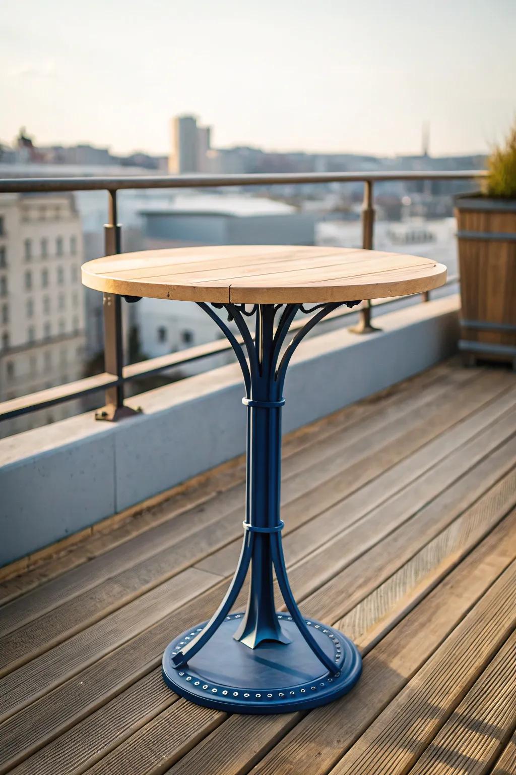 Bistro-size table, big rooftop charm—perfect for lingering dinners on the tiniest deck.