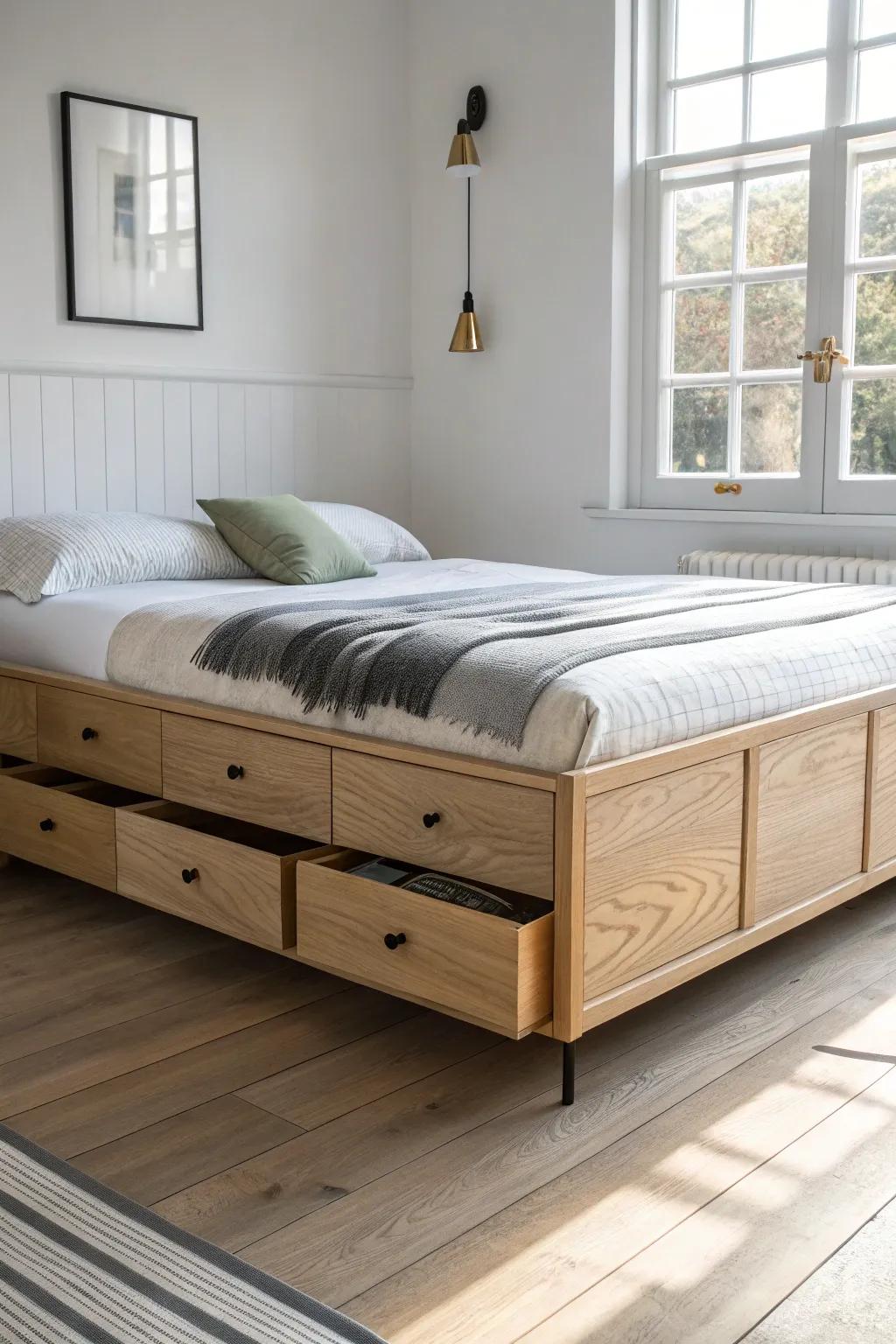 Storage-drawer corner bed base: minimalist oak, bold textiles, and clutter-free calm in 450 sq ft.