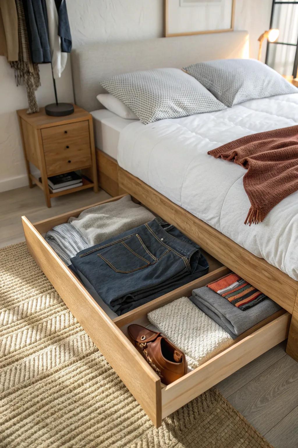 Ditch the dresser: one big under-bed drawer keeps a small room clean and guy-friendly.
