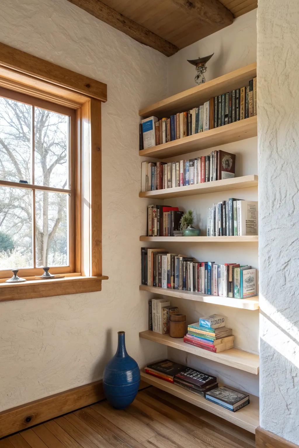 Turn an unused corner into a chic mini library with space-saving L-shaped shelving.