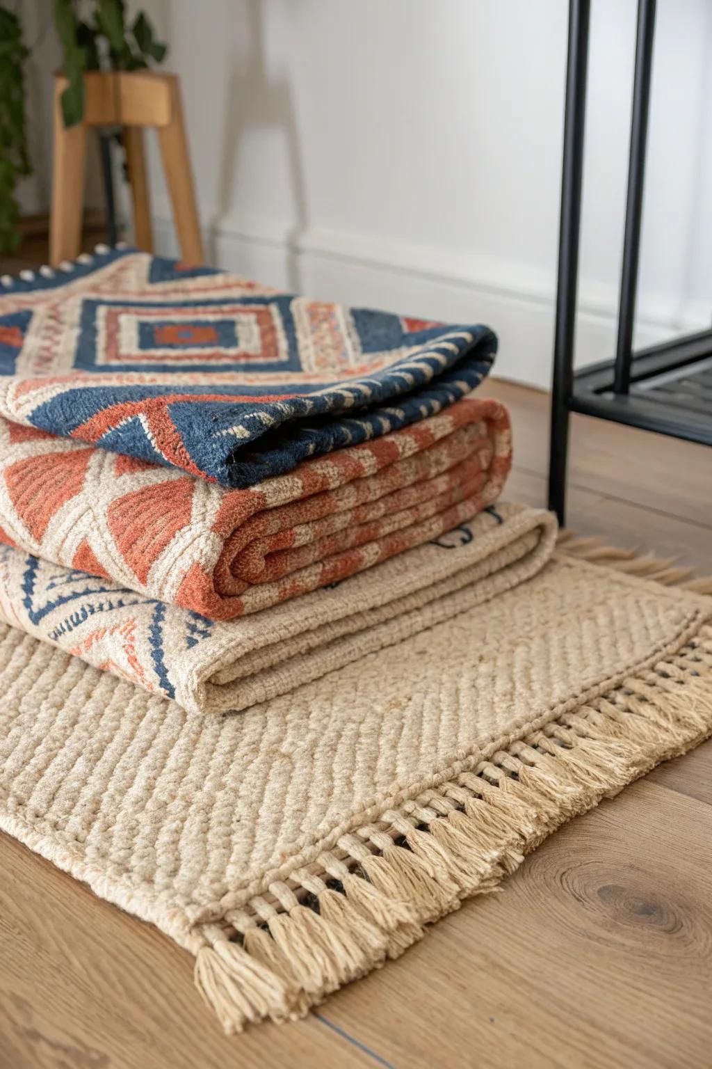 Layer a jute base with a patterned rug for rustic warmth that fits a small living room.