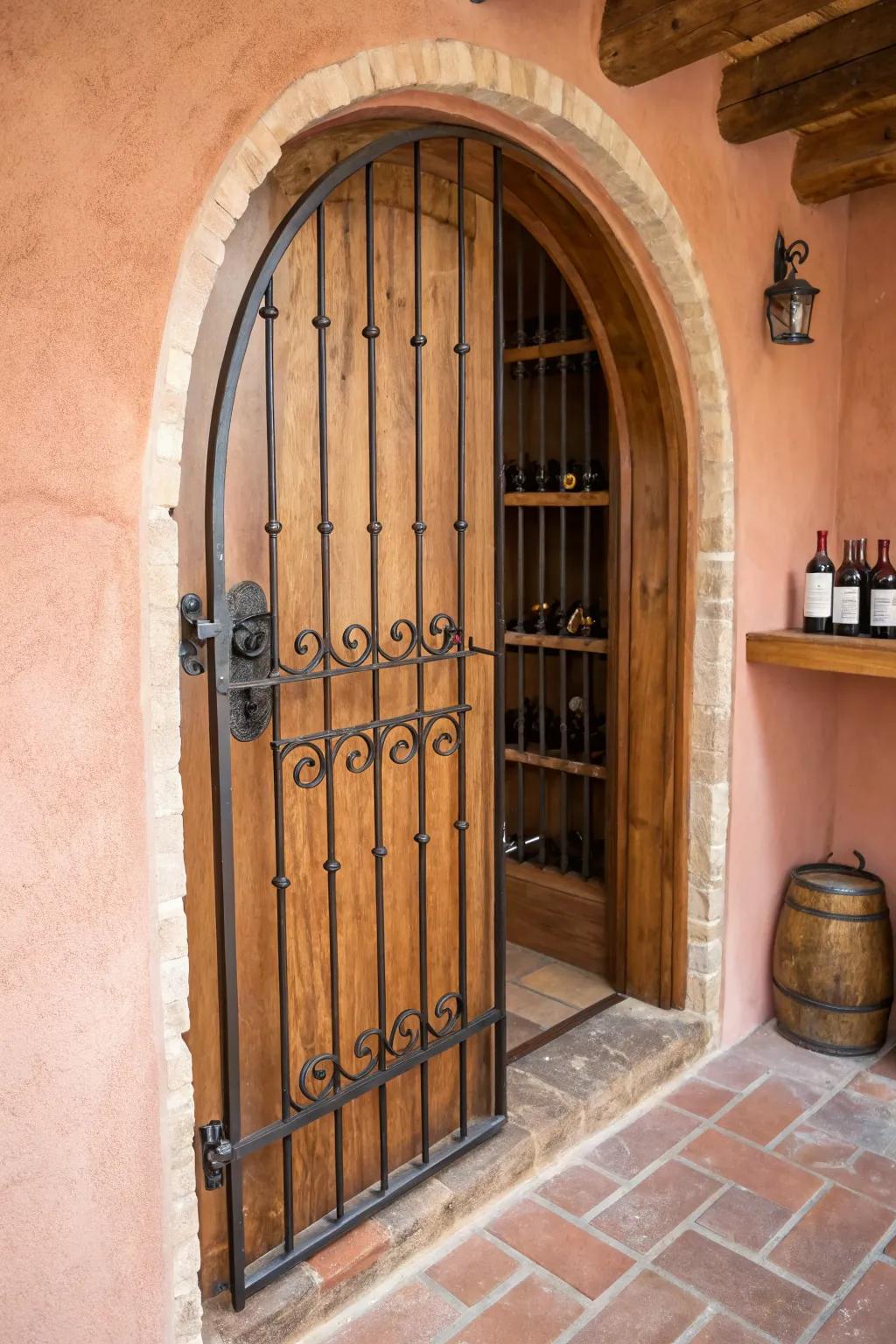 Peek-through wrought-iron gate adds rustic charm and makes a tiny wine nook feel larger.