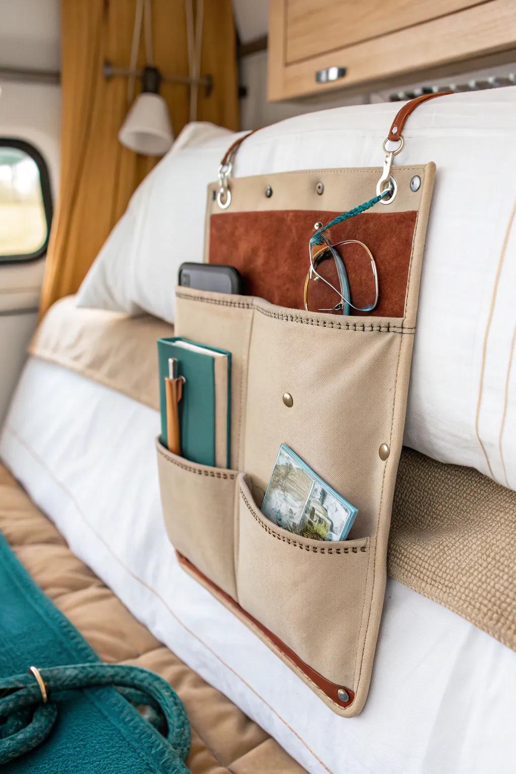 Swap the nightstand for chic bedside pockets—RV essentials stay close without clutter.