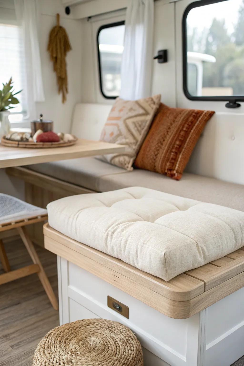 Swap in neutral dinette cushions for an instant RV glow-up—simple, cozy, and chic.