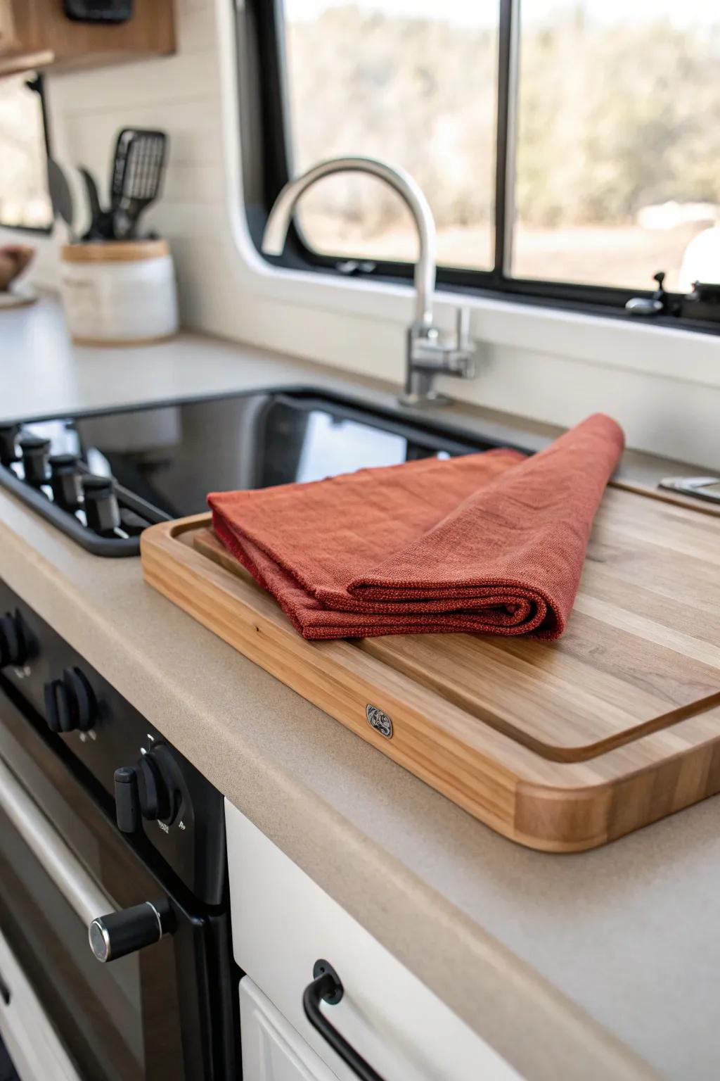 A fitted stovetop cover adds instant prep space—perfect for small RV kitchens.