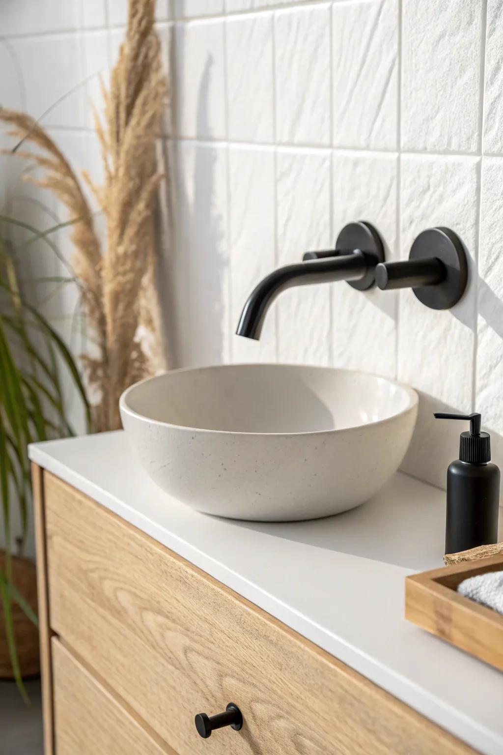 Matte-black hardware outlines a small Scandinavian bathroom for a crisp, intentional look.
