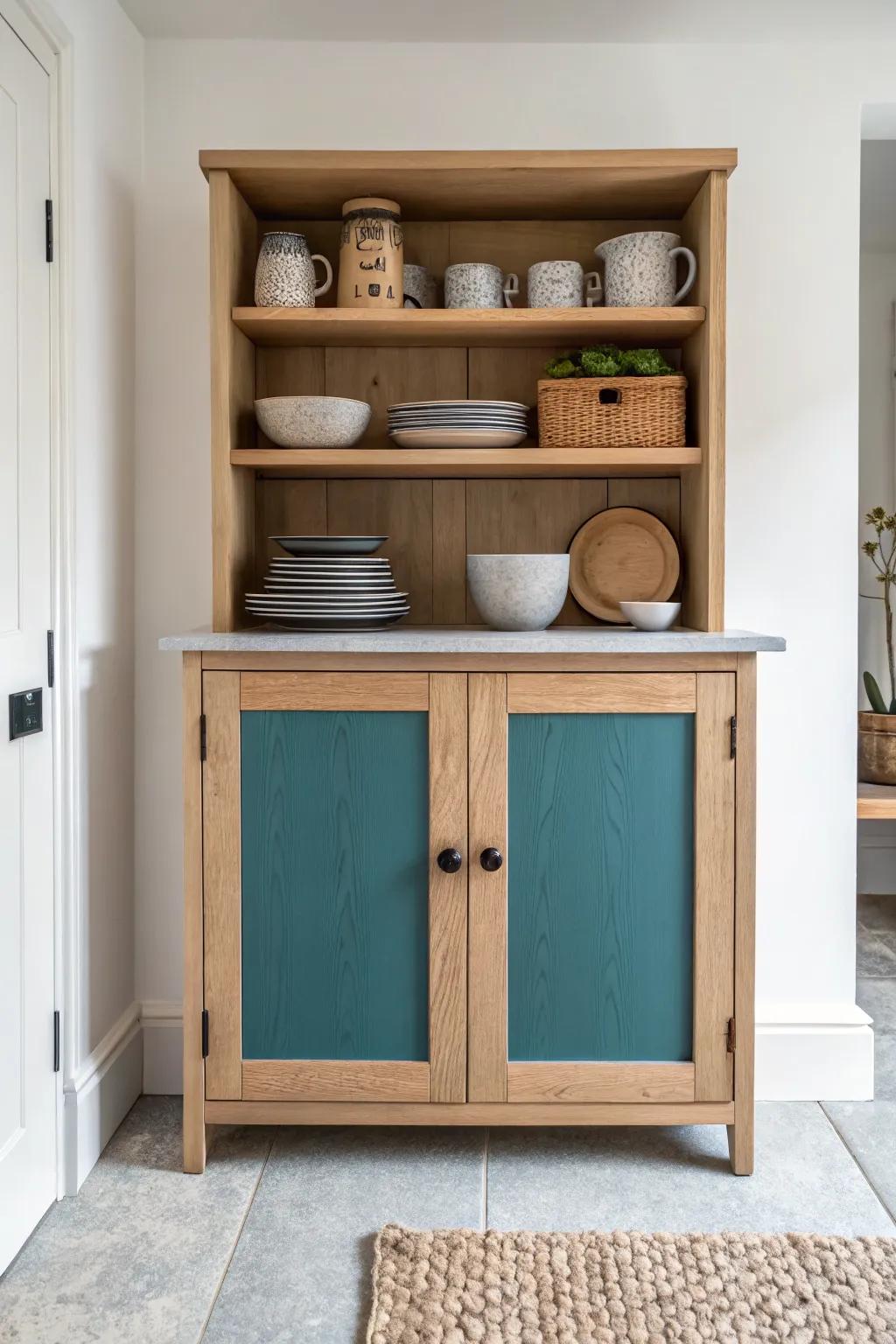 Open shelf for daily essentials, closed cabinets below to hide the mess—small scullery perfection.