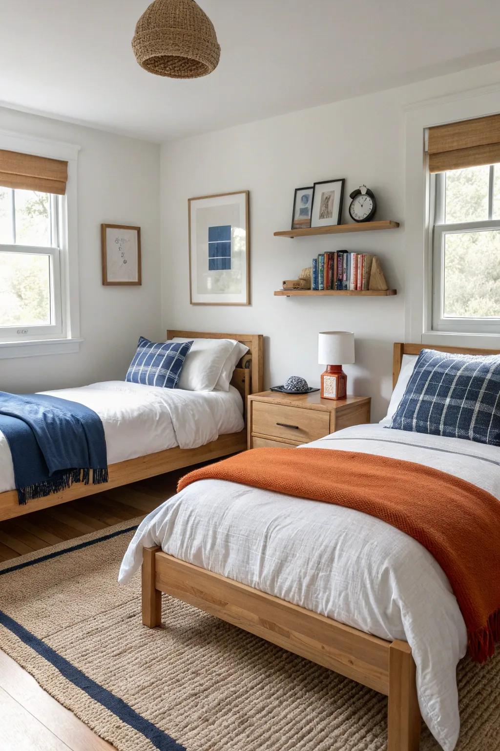 Head-to-head twin beds with a shared corner shelf—smart, cozy symmetry for brothers.