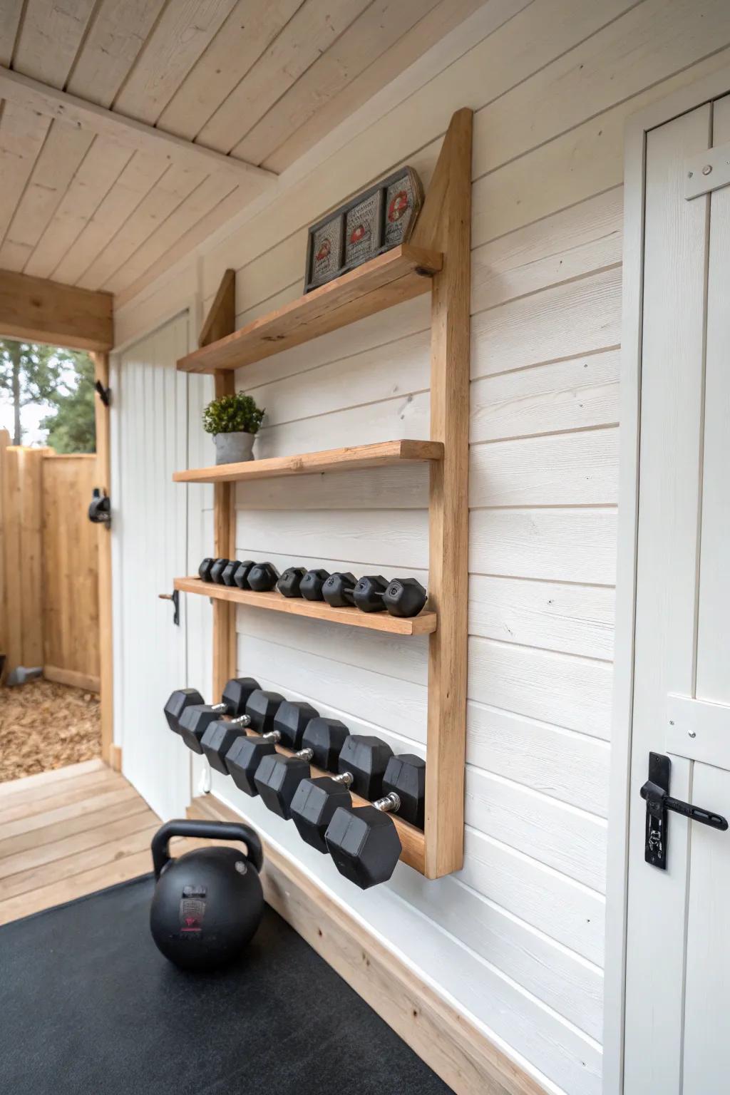 Wall-mounted dumbbell shelf keeps a tiny shed gym open, tidy, and stylish with Scandinavian-boho warmth.